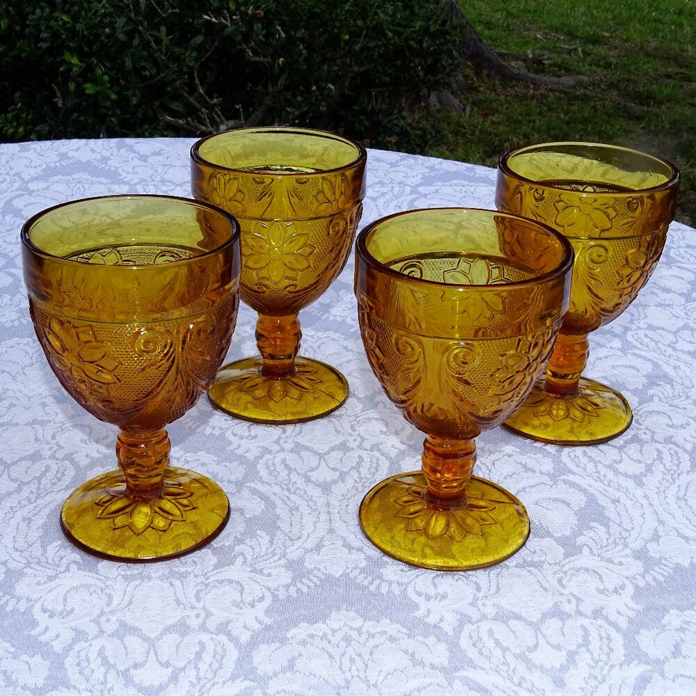 Four Vintage Lovely Taira Amber Sandwich Glass Water/Wine Glasses